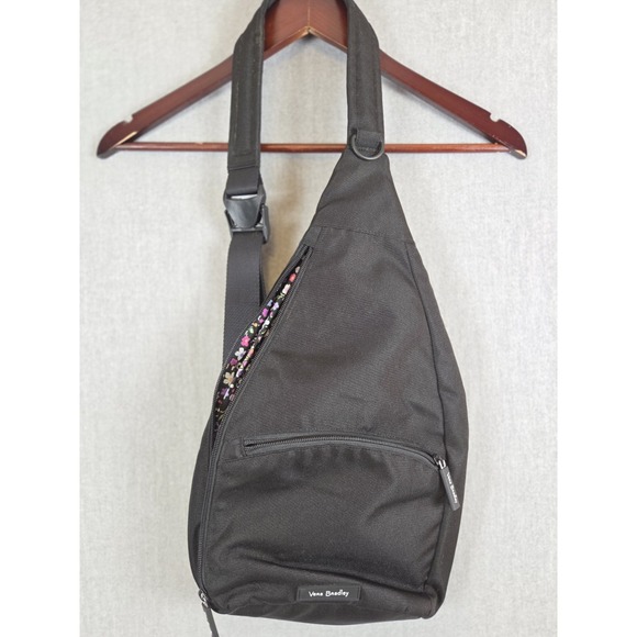 Vera Bradley Black Nylon Canvas Sling Backpack w/Padding Multi Floral Lined - Picture 2 of 10